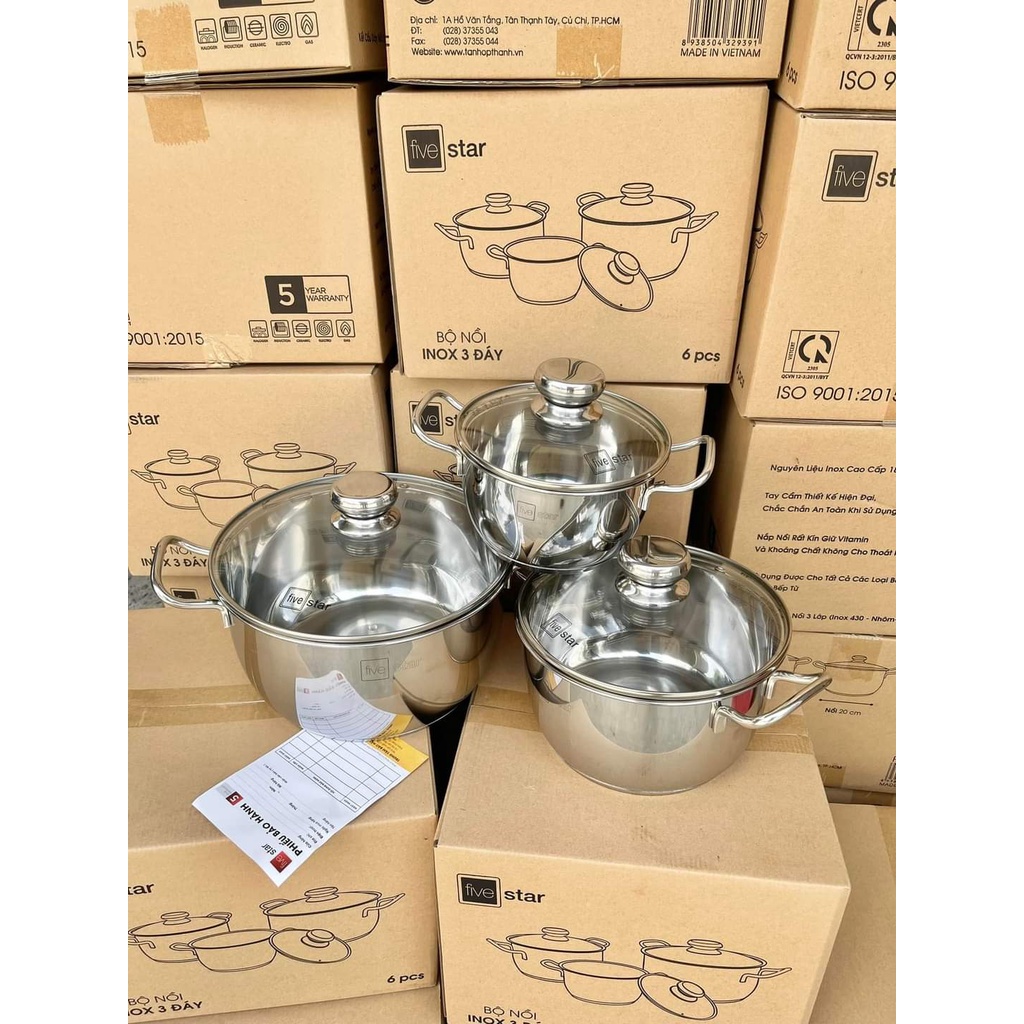 Bộ nồi inox 430 Fivestar Standard 3 đáy bếp từ nắp kính thân cool HÀNG CHÍNH HÃNG BẢO HÀNH 5 NĂM