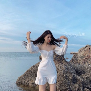 [Ảnh thật khách mặc] Váy đầm hở trễ vai viền bèo tay bồng đuôi cá dây rút - by SugarG