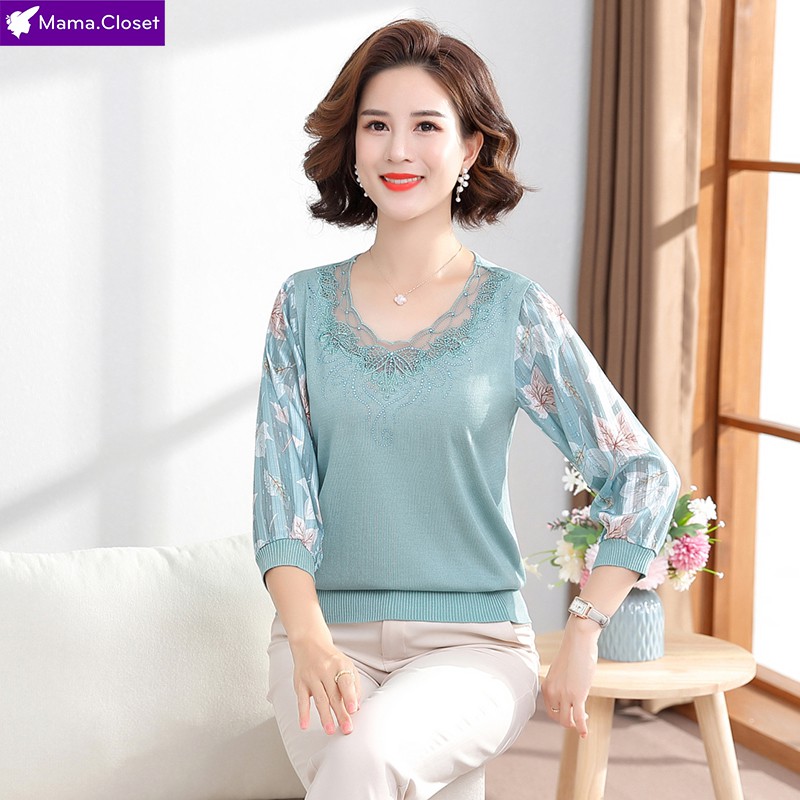 #TB7762 ÁO LEN TAY VOAN CỔ HỌA TIẾT REN THANH LỊCH DÀNH CHO PHỤ NỮ TRUNG NIÊN, QUÀ TẶNG MẸ 2021 | BigBuy360 - bigbuy360.vn