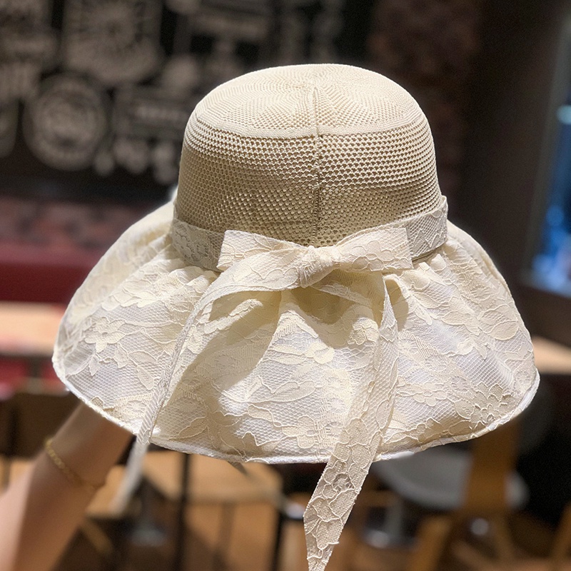 Nón tai bèo rỗng vành rộng che mặt chống nắng viền ren hình nơ thời trang mùa hè Hàn Quốc cho nữ khi đạp xe / đi biển