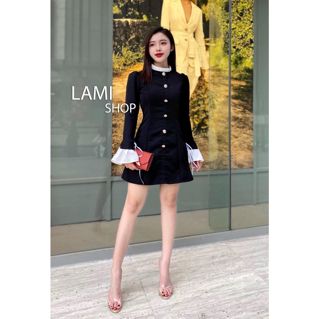 Đầm váy nữ tay dài phối bèo, cổ tròn đính nút form dáng xòe sang chảnh dành cho các nàng đi dự tiệc, dạo phố | BigBuy360 - bigbuy360.vn