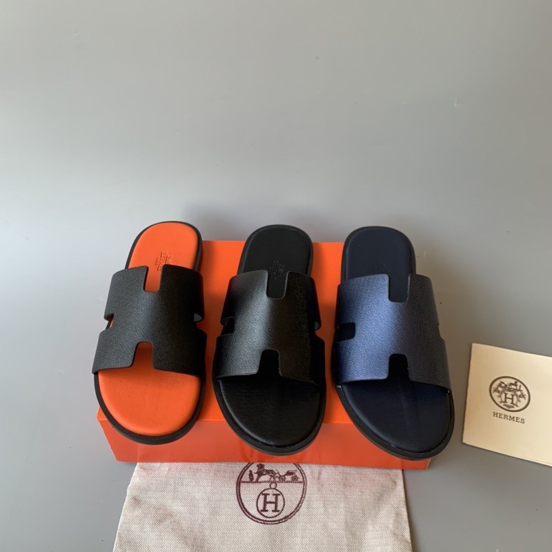 Dép Chữ H Quai Ngang Da Bò Mềm In Logo HM, Dép Hermes Nam Bản Quai Đen Mặt Đế Màu Cam