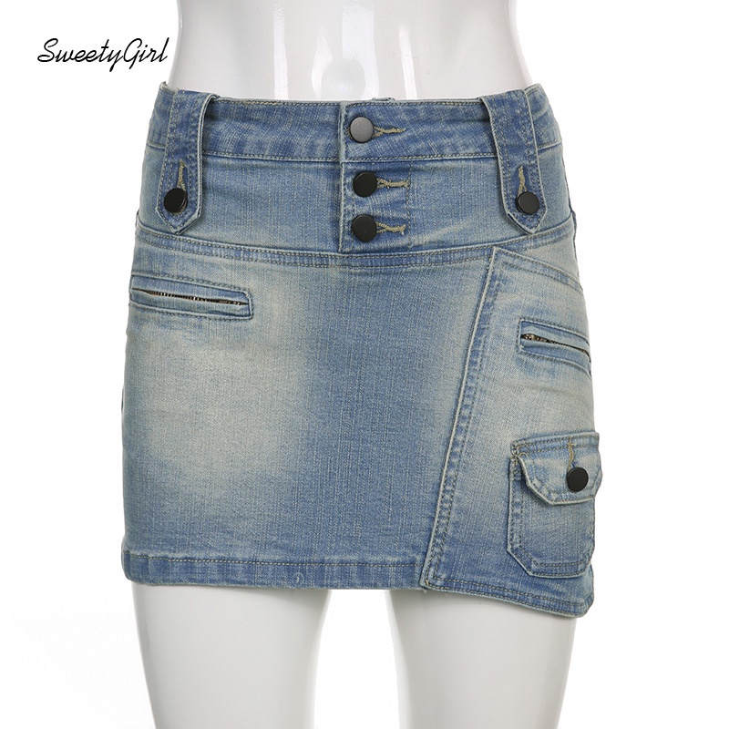 Chân váy jean Lưng Thấp Phối Nút Màu Sắc Đơn Giản Quyến Rũ 2022