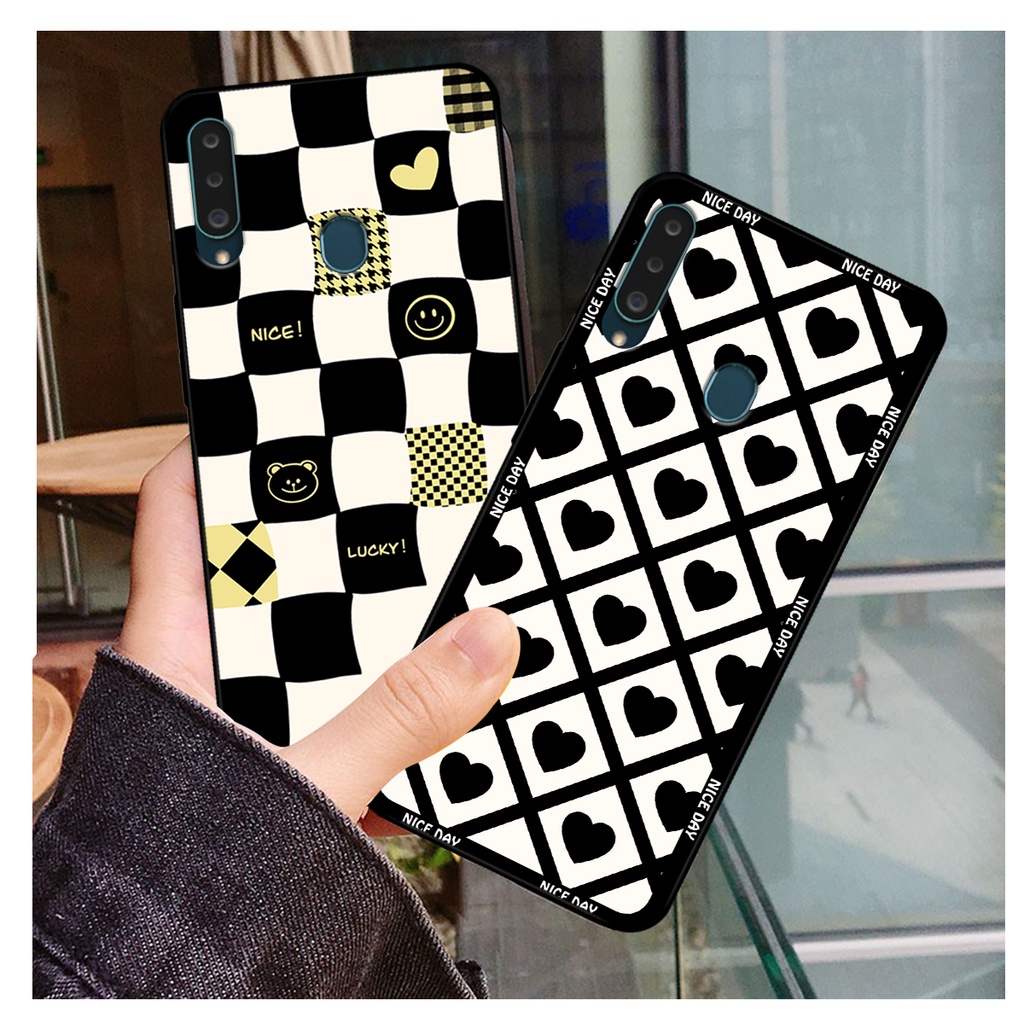 Ốp lưng Samsung A20s - Samsung M30 in hoạ tiết caro trái tim đen trắng, gấu bear cute đáng yêu