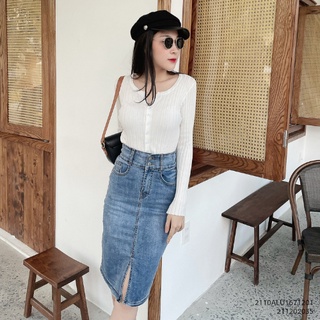 Chân váy jeans nữ FM Style chân váy chữ A, trơn, xẻ tà sau, dáng dài cạp cao thời trang 211202035