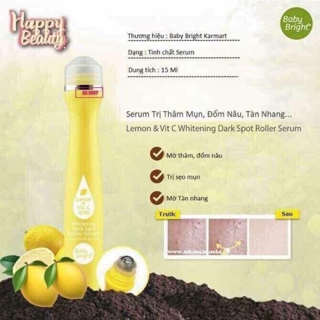 Cây lăn trị thâm mụn, tàn nhang Baby Bright Lemon & Vit C Whitening Dark Spot Roller