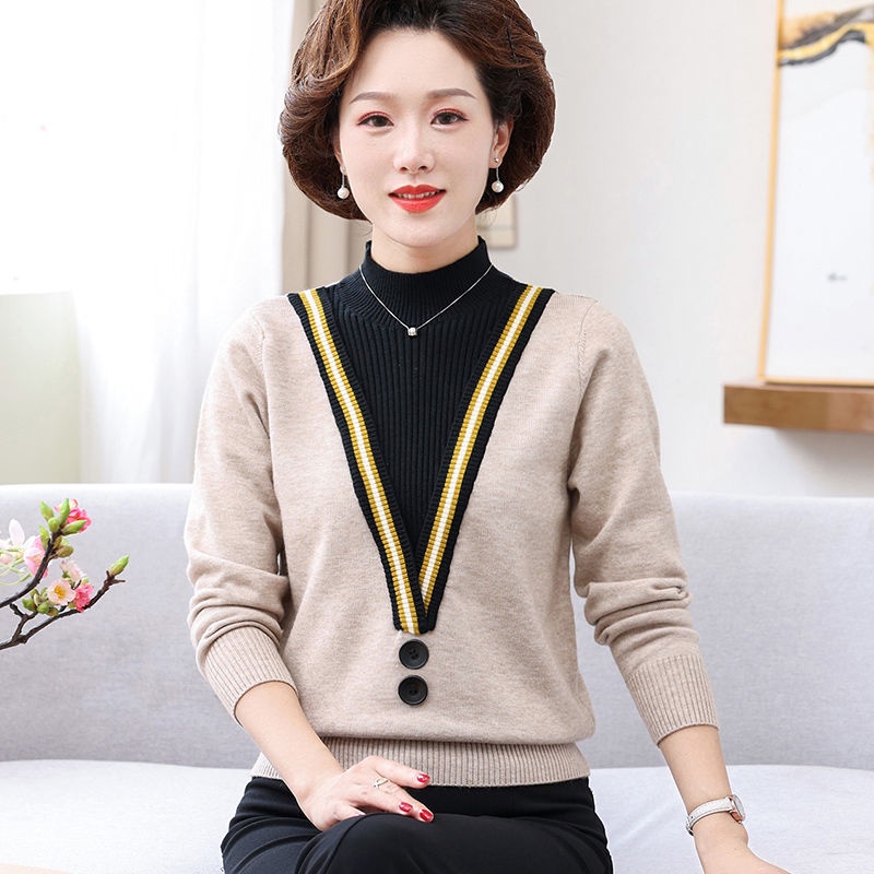 Bà mẹ mặc áo hai dây mùa xuân và mùa thu mới 2021 áo len trung niên và cao tuổi áo len dệt kim phụ nữ trung niên