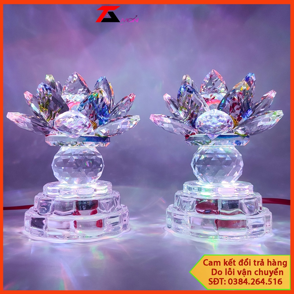 Một Cặp Đèn Bàn Thờ Sen Pha Lê Cao Cấp, Đèn Thờ Phật, Sáng Từ Chân Đến Đầu.