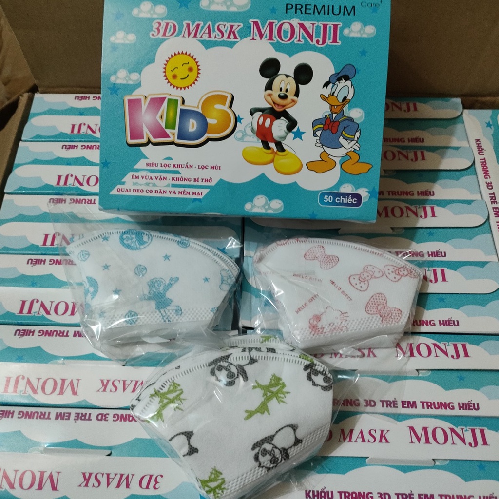 HỘP 50 CHIẾC KHẨU TRANG 3D MONJ EM BÉ, CHO BÉ TỪ 3 - 10 TUỔI