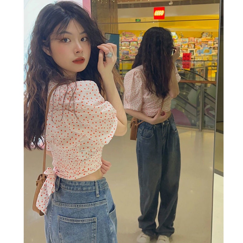 Áo Sơ Mi Ngắn Tay Phồng Cổ Chữ V Ôm Eo Phong Cách Retro Phương Tây Thời Trang Mùa Hè Dành Cho Nữ