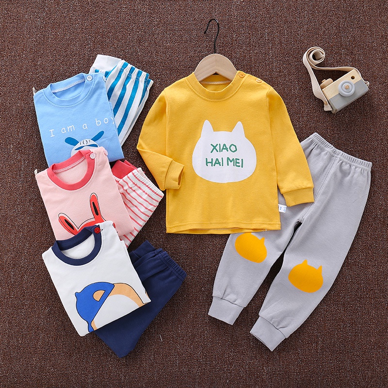 Set đồ mùa thu 2 món gồm áo tay dài Cotton dày dặn + quần dài in họa tiết hoạt hình cho bé trai/gái