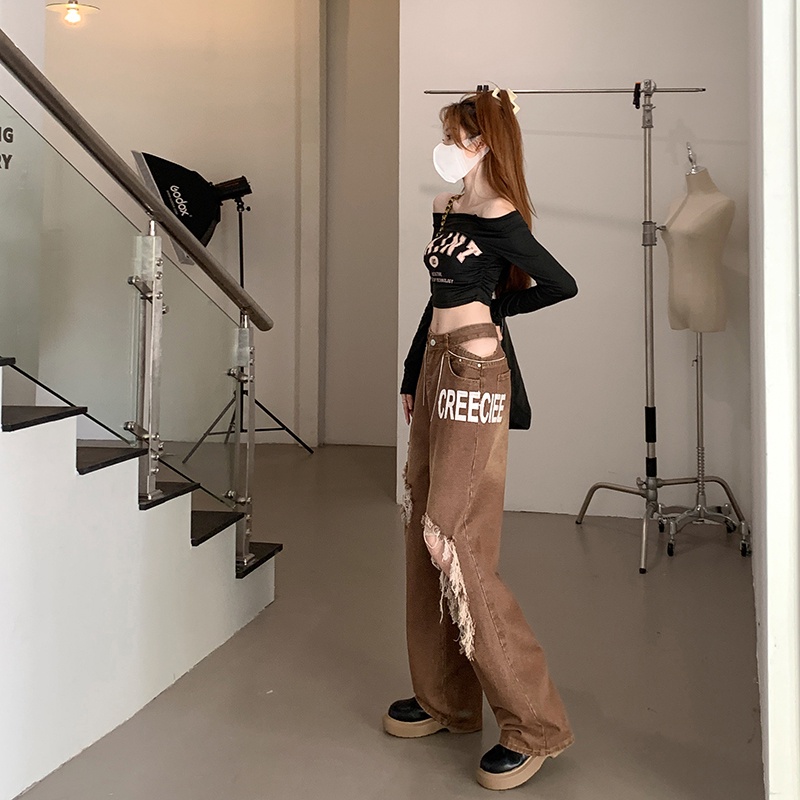 Quần jean dài ống rộng thiết kế rách lỗ thời trang dành cho nữ