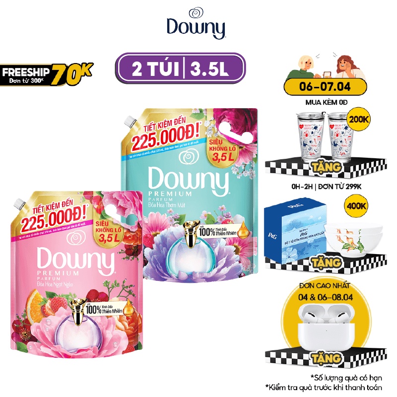 Combo Nước Xả Vải DOWNY Hương Nước Hoa Cao Cấp Hương Đóa Hoa Thơm Ngát Túi 3.5Lx2/ Đóa Hoa Ngọt Ngào Túi 3.5Lx2