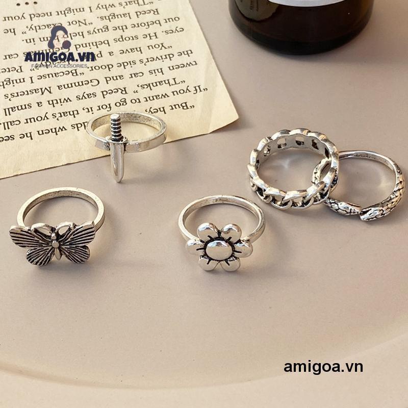 【amigoa.vn】 Set 5 Nhẫn Hình Rắn/Bướm/Cá Sấu Retro Đơn Giản Sáng Tạo Cho Nữ