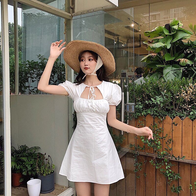 Váy ngắn nhún ngực cổ cột nơ | BigBuy360 - bigbuy360.vn