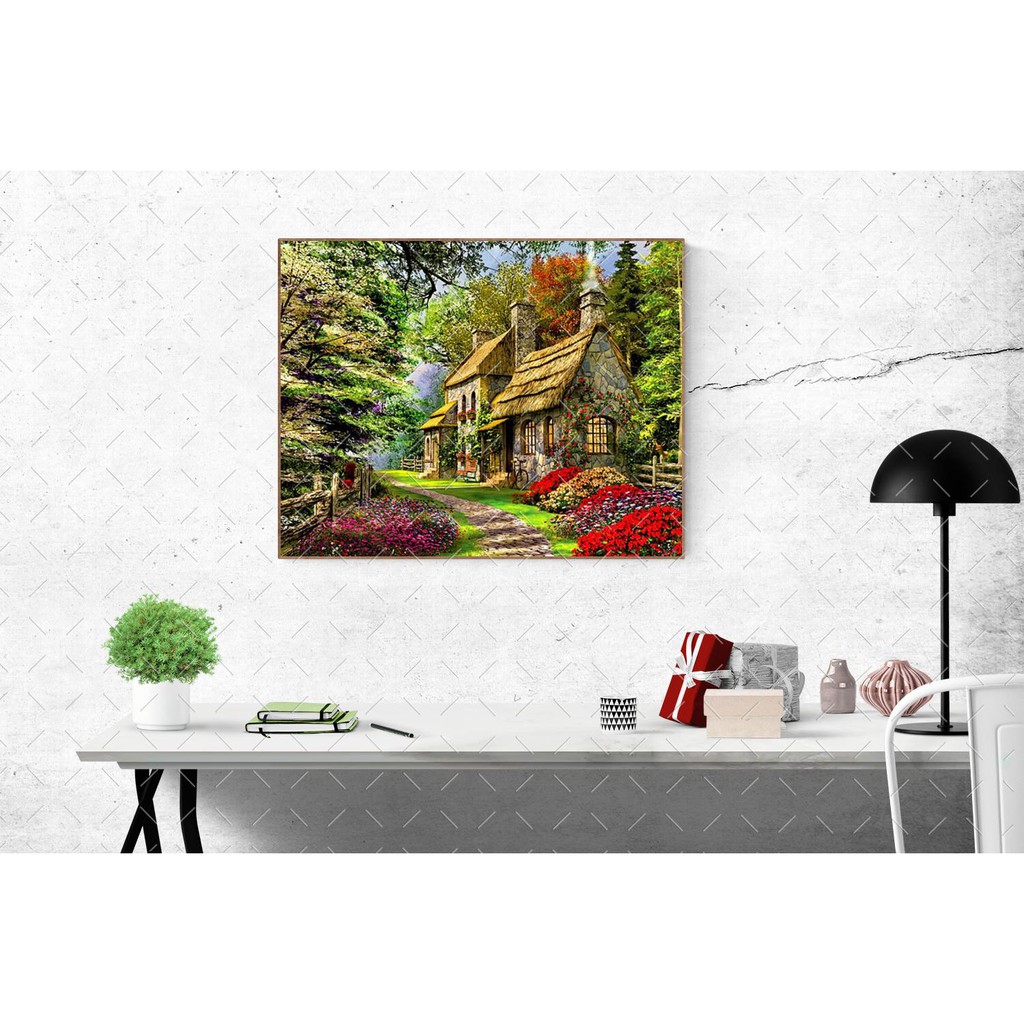 Tranh sơn dầu số hoá đã căn khung 40x50 cm KZPH9267 Ngôi nhà ngàn hoa