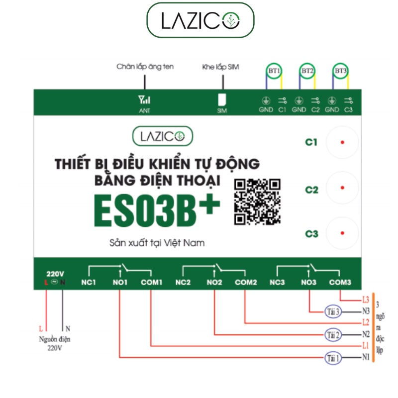 Bộ điều khiển từ xa cho motor máy bơm 220V qua điện thoại 3 kênh độc lập LAZICO ES03B+
