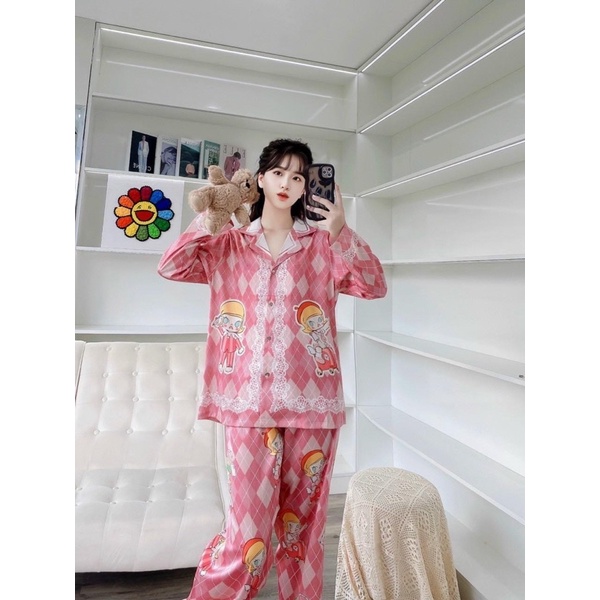 [Hàng sẵn] bộ ngủ mặc nhà pijama lụa xước cao cấp Quảng Châu tay dài ren thoi hồng
