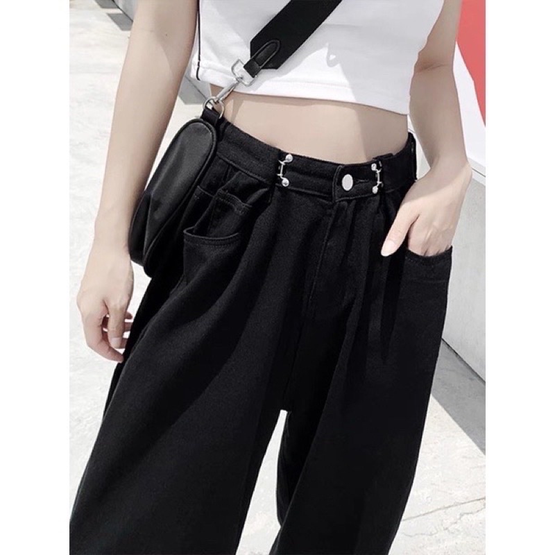 Quần jeans suông cotton cạp cao kèm khuy cài eo phom rộng dễ mặc