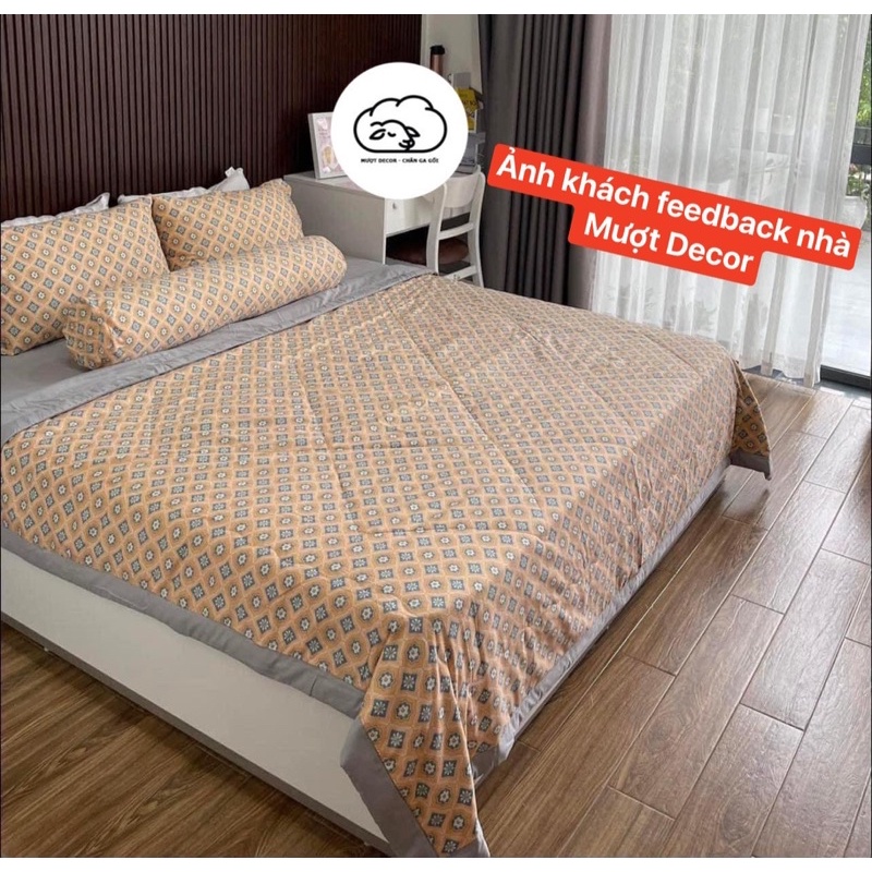 Bộ chăn ga cotton đũi họa tiết 5 món, mềm mịn chăn hè ga giường vỏ ôm vỏ gối