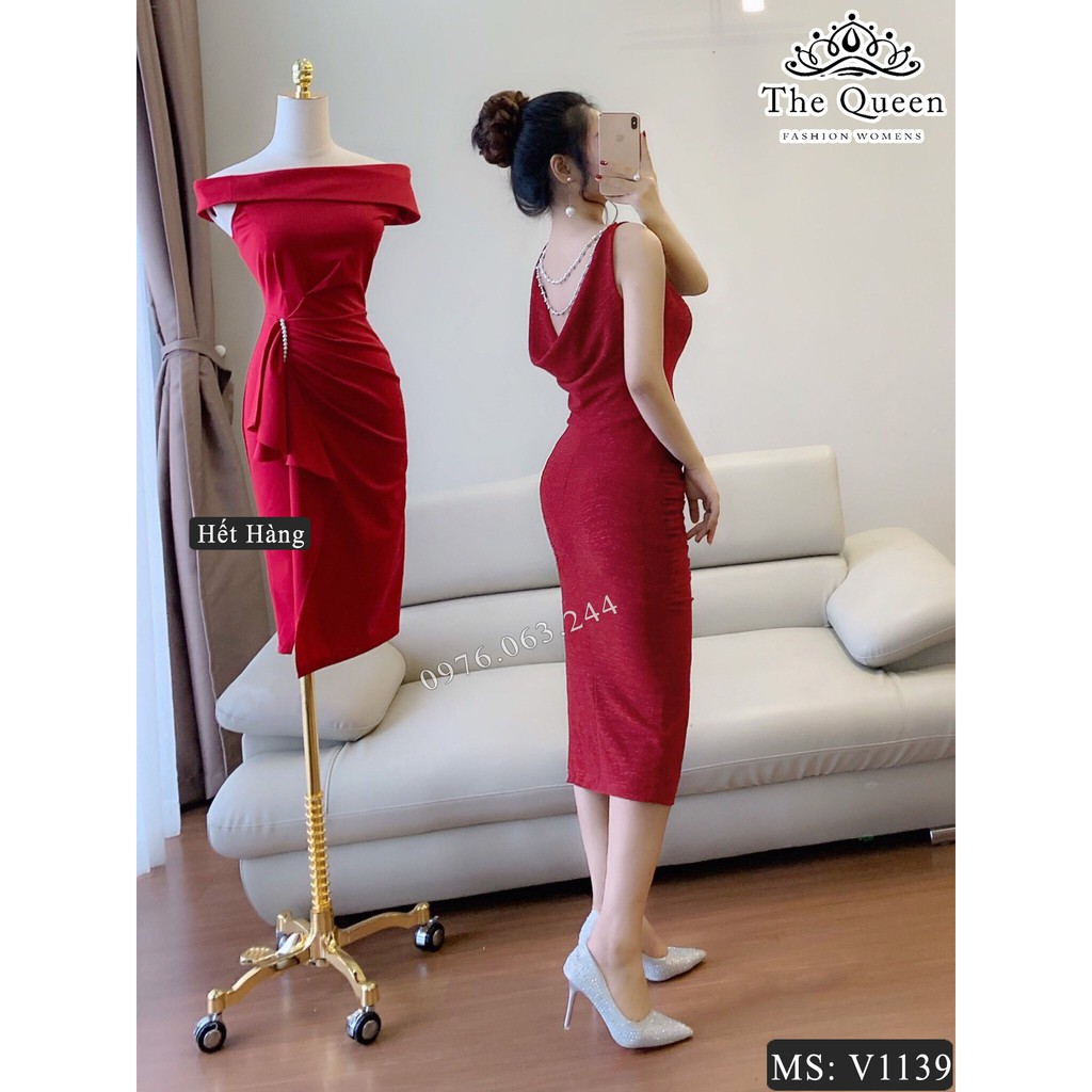 Đầm body nhũ ánh kim V1139 màu đỏ 2 dây cổ đổ - The Queen Fashion