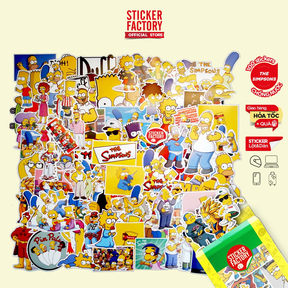 The Simpson - hộp set 100 sticker decal hình dán nón bảo hiểm , laptop, xe máy, ô tô - STICKER FACTORY