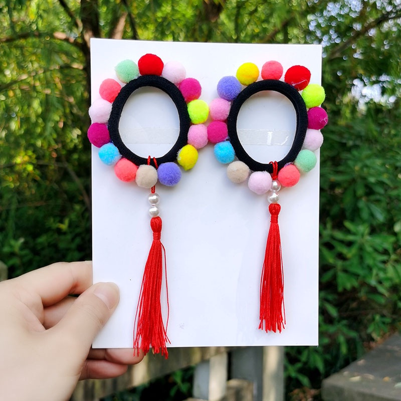 Set 2 Dây Buộc Tóc Co Giãn Đính Quả Bông Nhiều Màu Dễ Thương Cho Bé Gái