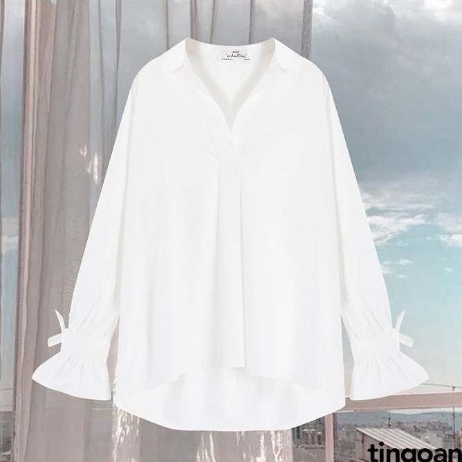 Áo sơmi cổ đổ tay nơ chống nhăn trắng tingoan LONDON BLOUSE BASIC FREESIZE/WH - Hàng nhập khẩu