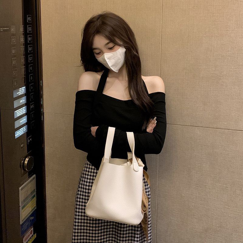 Áo trễ vai ❤️ Áo len mỏng dài tay kèm dây yếm dáng ôm sexxy co giãn phong cách Ulzzang | BigBuy360 - bigbuy360.vn