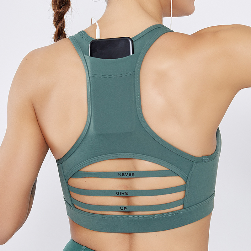 The new back pocket sports bra shock-proof cross-bar mesh stitching sports underwear yoga suit