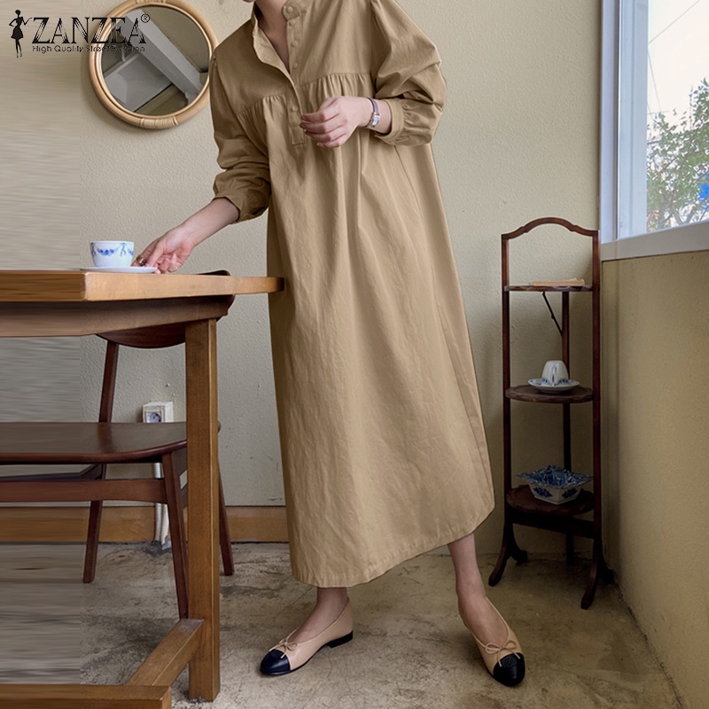Đầm ZANZEA dáng dài rộng cổ đứng cài nút màu trơn vintage thời trang cho nữ