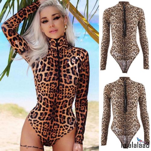 Bộ bodysuit cổ lọ tay dài họa tiết da báo quyến rũ