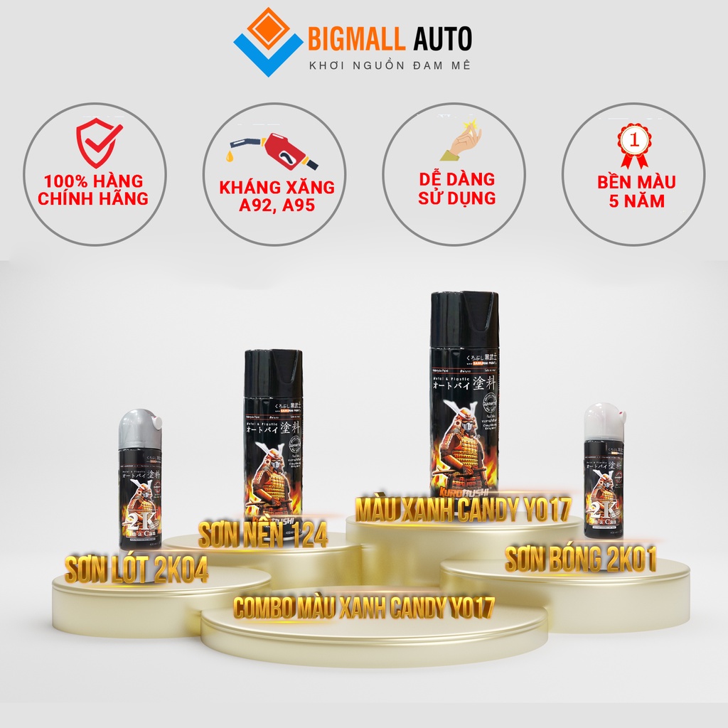 Combo Sơn Samurai màu xanh candy Y017 loại 2K chuẩn quy trình độ bền 5 năm gồm 2K04 - 124- Y017 -2k01