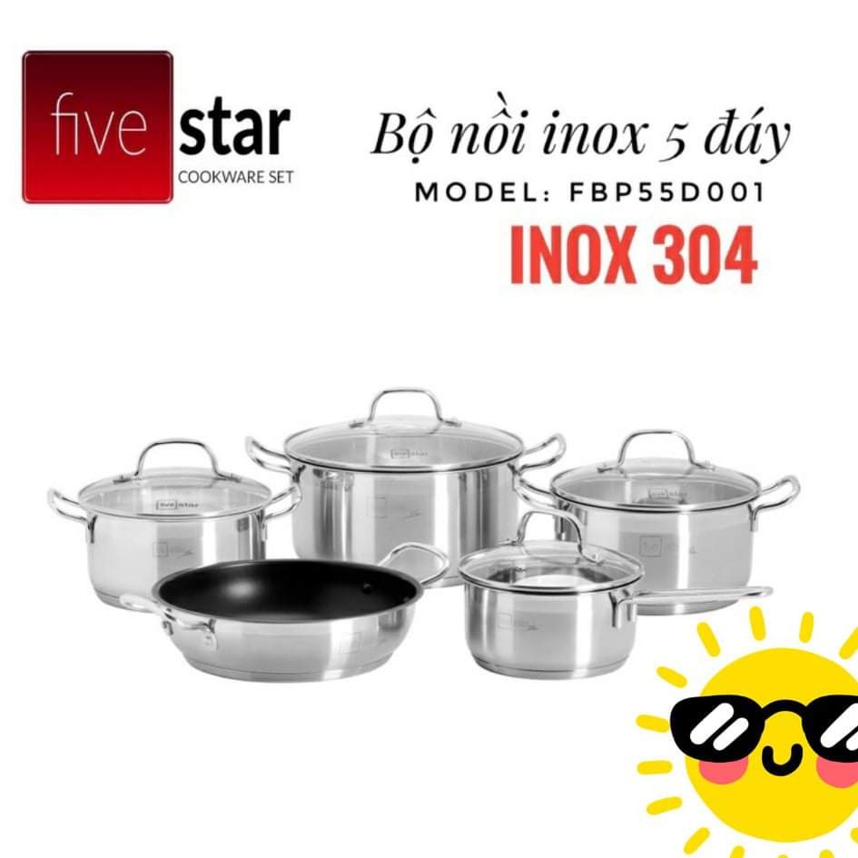 Bộ Nồi chảo 5 Đáy Inox 304 Cao Cấp Bếp Từ Fivestar Plus FPB55D001 Nắp Kính