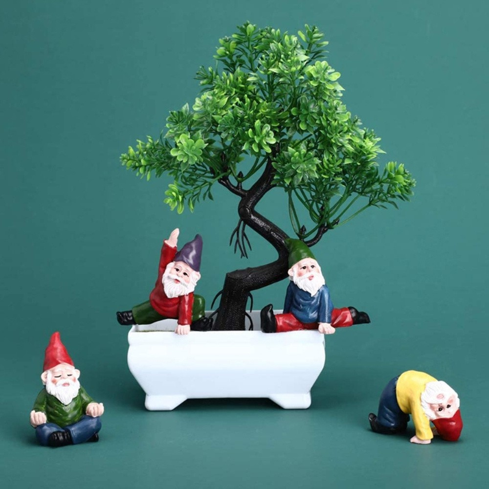 MIOSHOP 4 PCS Outdoor Fairy Garden Accessories Indoor Miniature Garden Gnomes Statue Flower Pot Decor Collectible Figurines Ornaments Yoga Gnomes