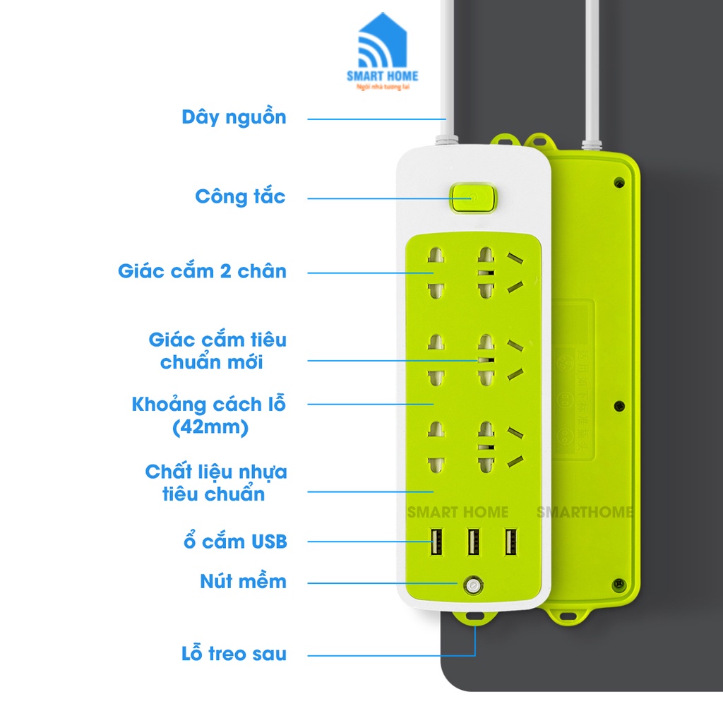 Ổ Cắm Điện Đa Năng Chống Giật, Ổ Cắm Điện Thông Minh Có 6 Ổ Điện, 3 Cổng USB Dây Dài Lên Đến 4.5m