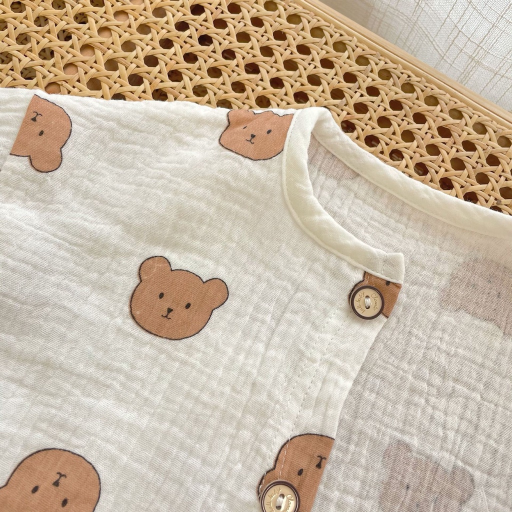 Đồ bộ bé trai bé gái hình mặt gấu năng động cá tính, Set quần áo sơ sinh vải xô Muslin tay lỡ Hàn Quốc