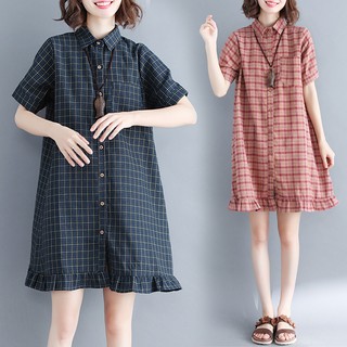 B145 đầm big size freesize dáng suông sơ mị kẻ thanh lịch phong cách cổ bẻ tay ngắn