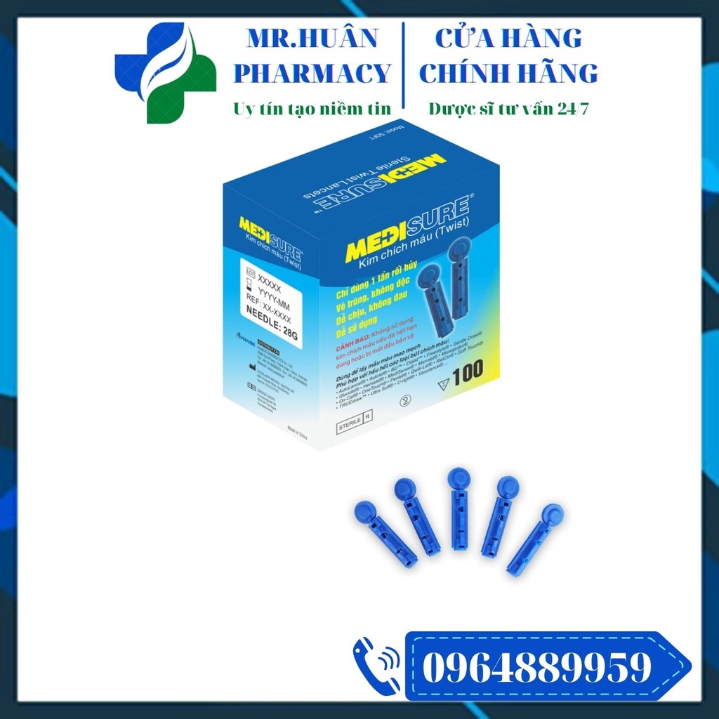 Kim chích máu Medisure (Hộp 100 kim) - Dùng để lấy mẫu máu mao mạch, phù hợp với hầu hết các loại bút chích máu.