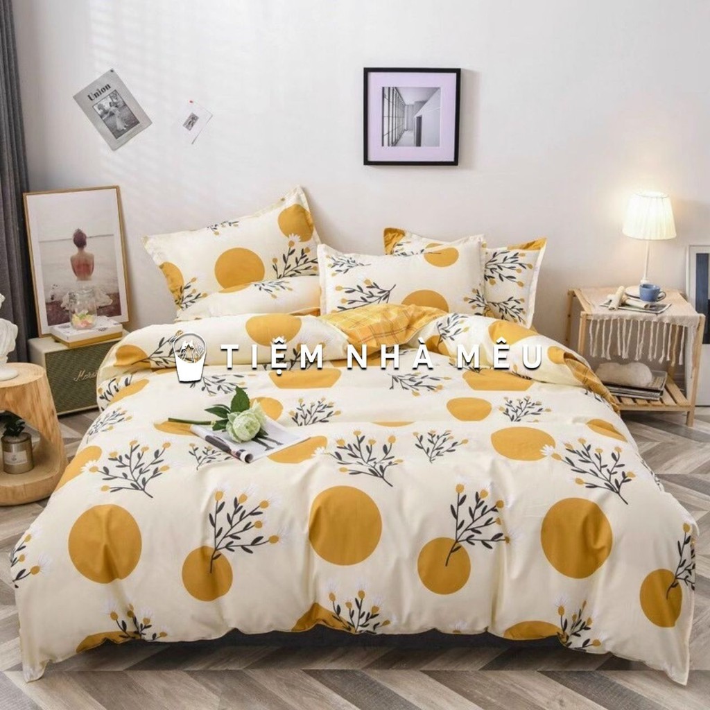 Bộ Chăn Ga Gối Cotton 3D✨ m6/m8/2m-Tiệm Nhà Mêu✨Set 4 Món Cotton 80% Hoạ Tiết Hoa lá Vintage Siêu Xinh Phong Cách Hàn