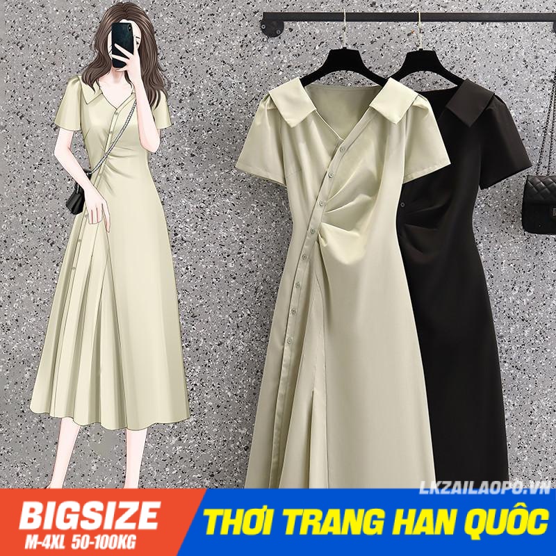 Đầm dáng dài Bigsize Váy nữ tay ngắn cổ bẻ che bụng mỡ ôm eo xếp ly mùa hè Phong cách Hàn Quốc Thời Trang tiểu thư cá tính xinh đẹp cho người mập béo