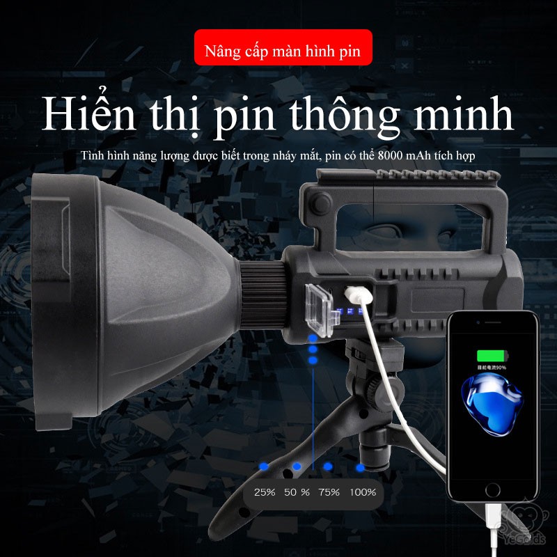 Đèn Pha Cầm Tay tầm xa HighPower Lithium 8000mAh - Home and Garden