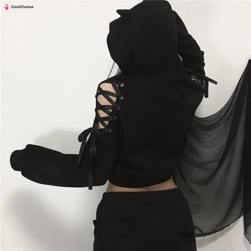 Áo Hoodie Màu Đen Dáng Rộng Phối Tai Mèo Dễ Thương Phong Cách Harajuku Cho Nữ