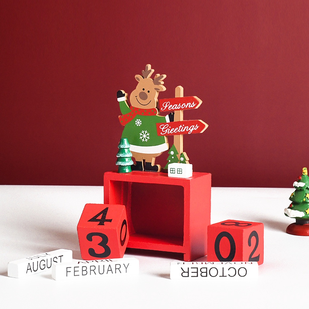 Hộp lịch bằng gỗ màu đỏ/trắng/xanh lá có thể thay thế ngày và tháng phong cách cổ điển cho giáng sinh/năm mới