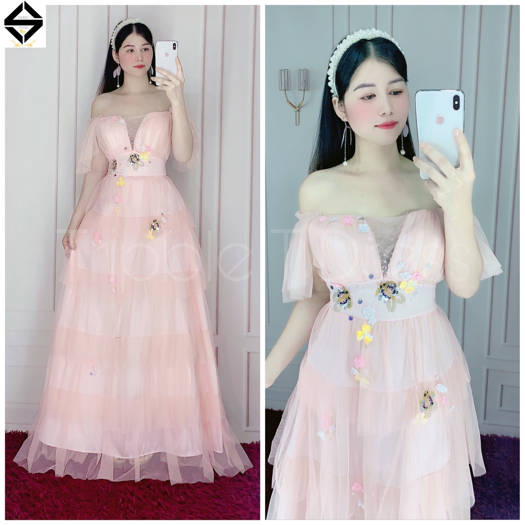 Đầm maxi bẹt vai xếp tầng kết cườm hình bướm TRIPBLE T DRESS - size M/L (ảnh/video thật) - MS312V