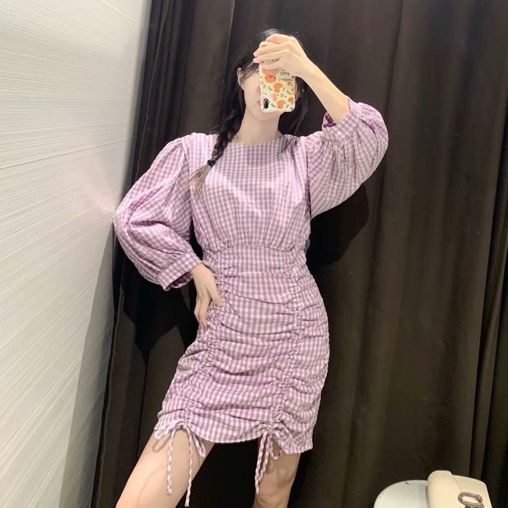 (ORDER-xuất dư) Order váy kẻ sọc tím dây rút xếp ly xương cá ôm body cá tính kiểu Pháp 2020