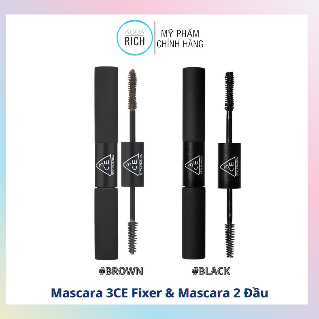 Mascara 3CE Hai Đầu Không Thấm Nước Fixer &amp; Mascara Đen - Nâu