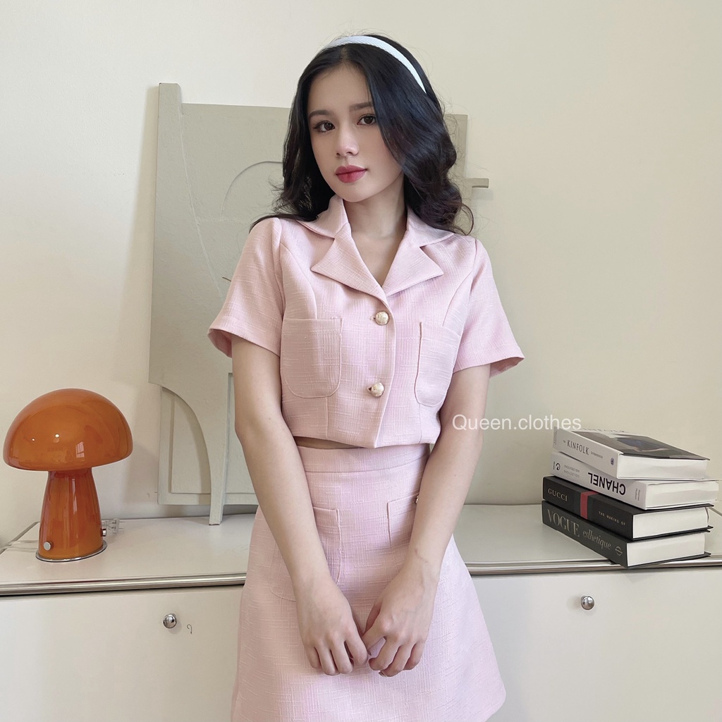 Set áo vest tay ngắn blazer croptop mix chân váy chữ A QUEEN CLOTHES chất linen bố gân có lót bên trong - LUNA SET QS001