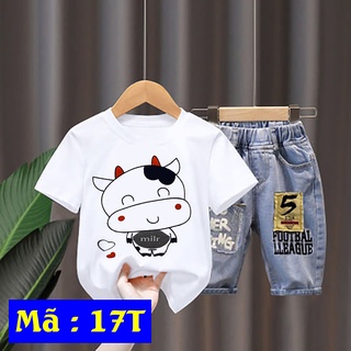 Bộ Áo Thun In Hình Bò Má Hồng Đáng Yêu + Quần Short Jean Cho Bé 0-10 Tuổi (8-35kg)
