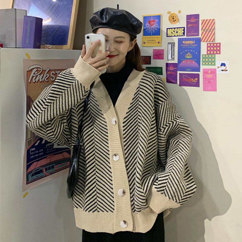 Mã WAMT10K giảm ngay 10k cho đơn bất kì Áo khoác len cardigan áo len dệt kim kẻ sọc phong cách Hàn